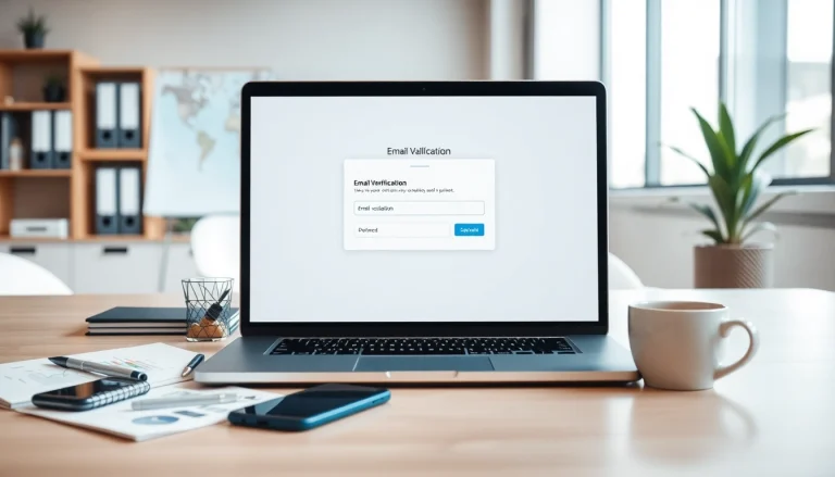 Processus de validation d'e-mail présenté sur un ordinateur portable dans un cadre de bureau moderne, mettant l'accent sur l'efficacité et le professionnalisme.