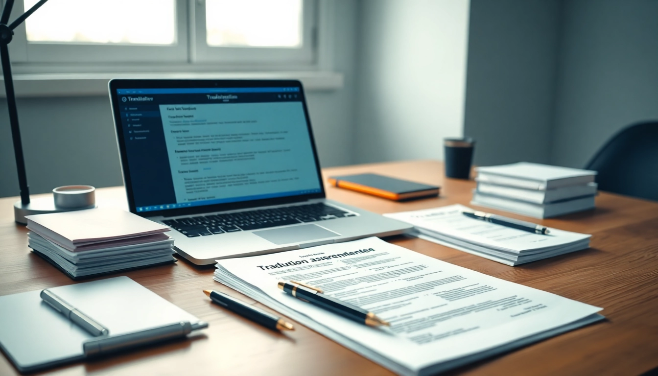 Espace de travail professionnel pour la traduction assermentée, comprenant des documents de traduction et un ordinateur portable.