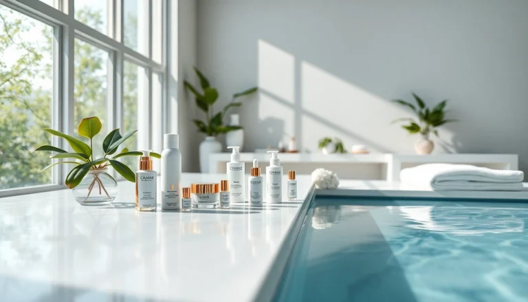 Anti-age hudvårdsprodukter vackert uppställda i en lugn spamiljö.