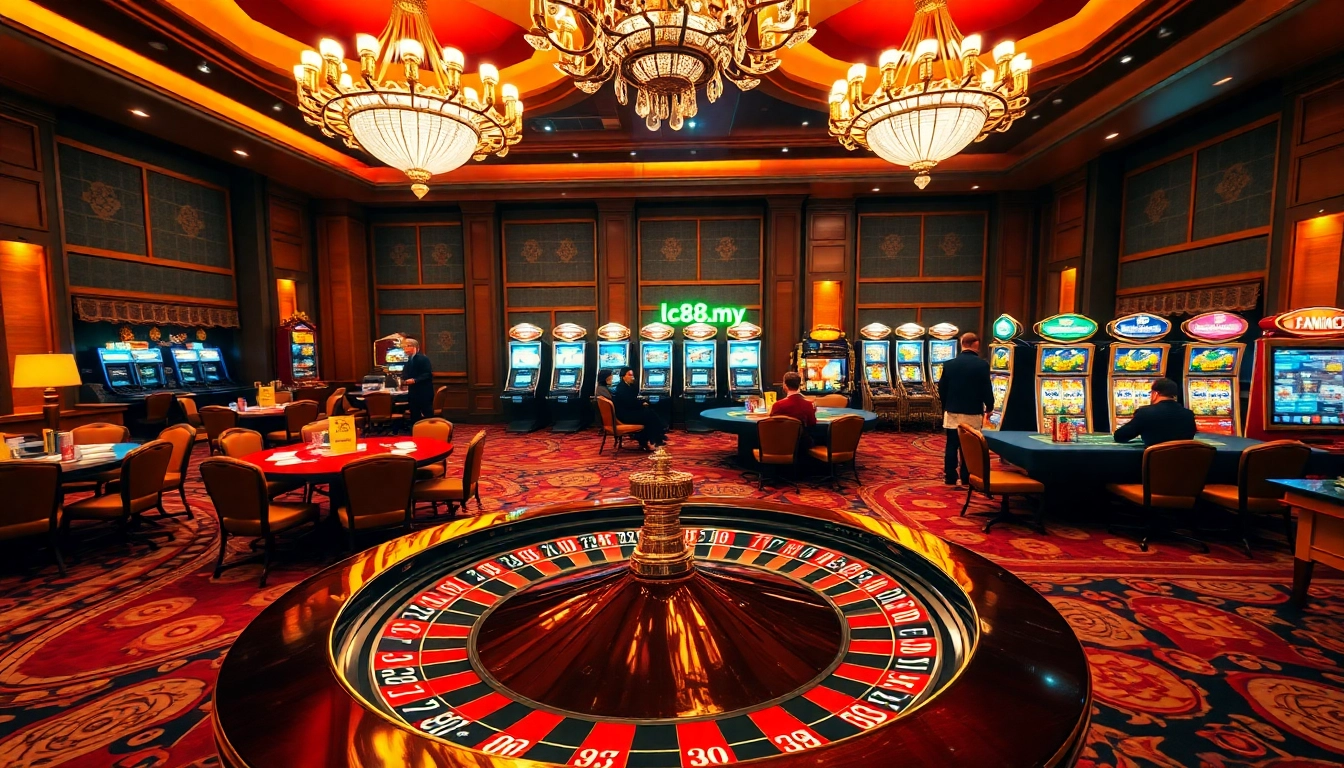 Players engaging in thrilling casino games at lc88.my, with vibrant chips and a roulette wheel.