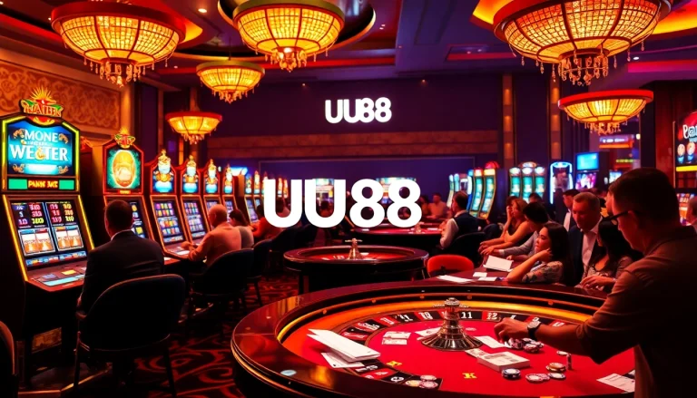 Players enjoying a thrilling game experience at UU88, surrounded by luxurious casino elements.