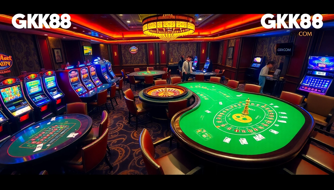 Engaging casino scene featuring GK88 COM elements with luxurious tables and excited players.