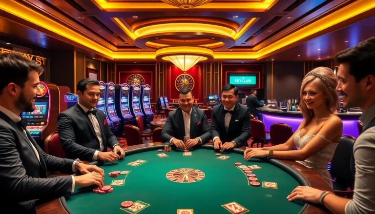 Engaging scene at HITCLUB casino featuring vibrant poker action with colorful chips and cards.