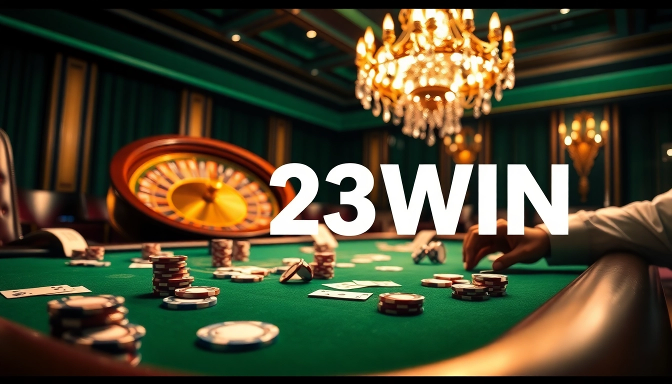 Feeling the thrill at 23win casino with vibrant poker chips and an illuminated roulette wheel.