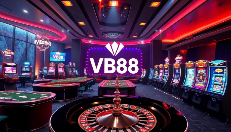 VB88 online casino interface showcasing vibrant poker tables, slots, and roulette.