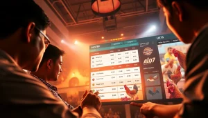 Alo789 online betting scene with engaged users and dynamic graphics, showcasing excitement in traditional cockfighting.