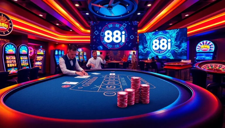 Players engaging in an intense blackjack game at 88i online casino, showcasing vibrant chips and professional croupiers.