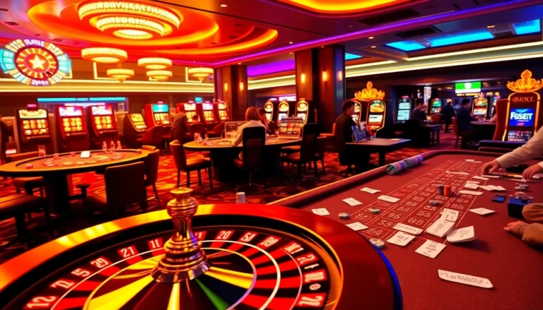 Experience the thrill of FSBET with vibrant casino action featuring poker tables and a spinning roulette wheel.