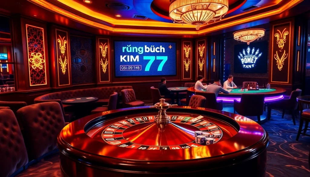 Engaging scene of gamblers in a luxury casino setting focused on rồng bạch kim 777, featuring roulette and poker.