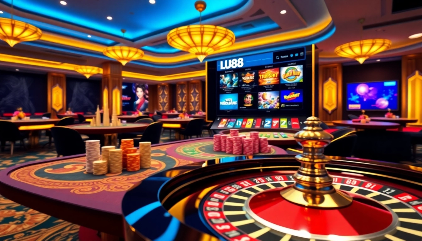 Experience thrilling gambling action at LU88 with vibrant casino tables and poker chips.