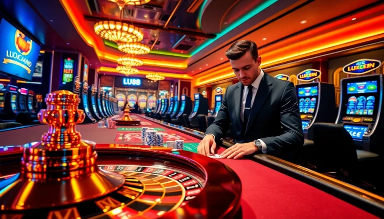 Engage in thrilling betting experiences at LU88 with luxurious casino visuals featuring poker chips and roulette wheels.