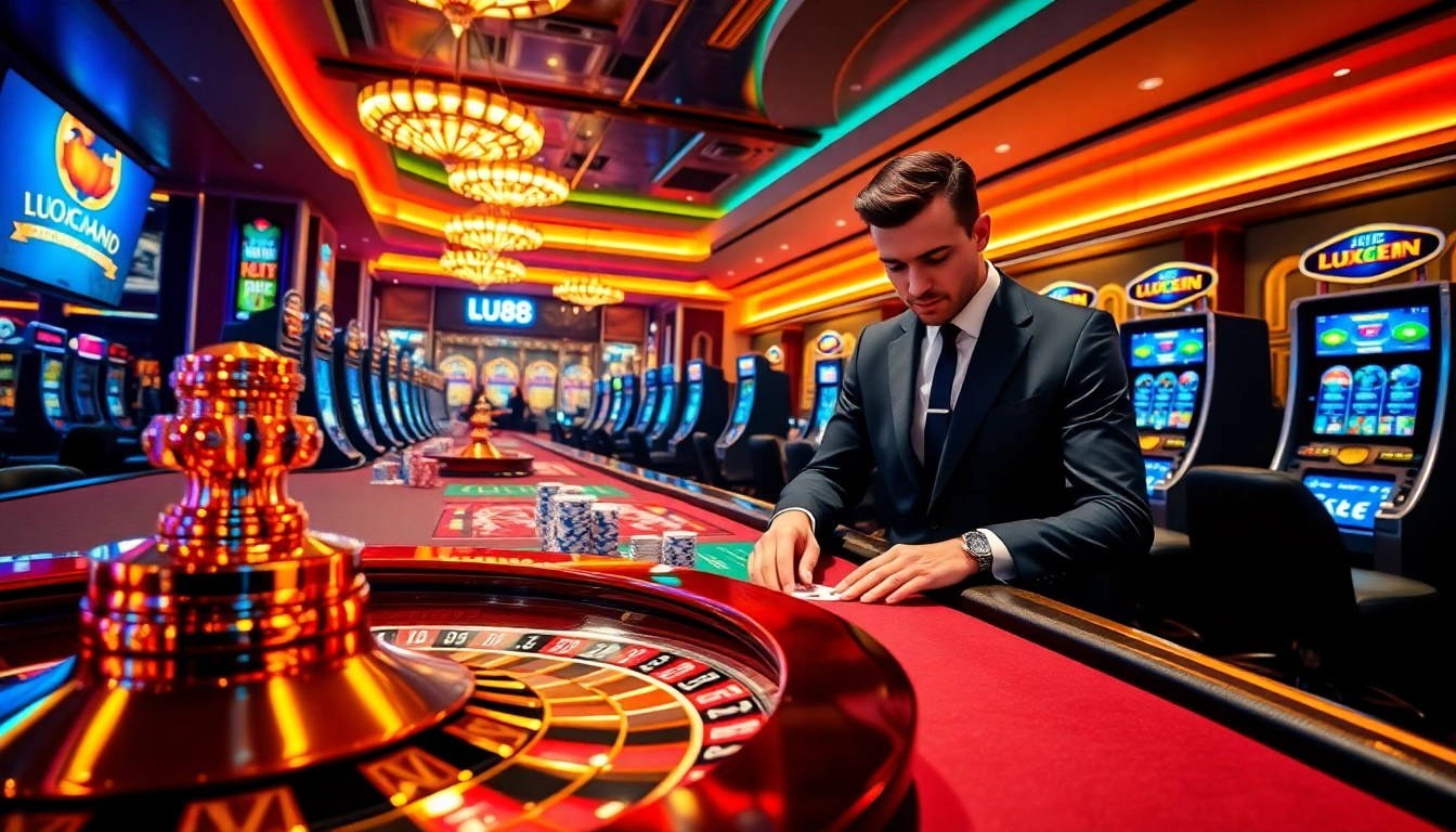 Engage in thrilling betting experiences at LU88 with luxurious casino visuals featuring poker chips and roulette wheels.