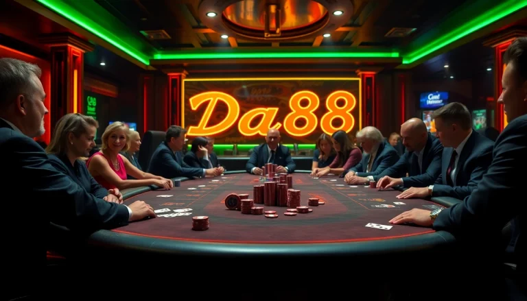 Engaged players at a poker table with Da88 neon sign highlight thrilling casino atmosphere.