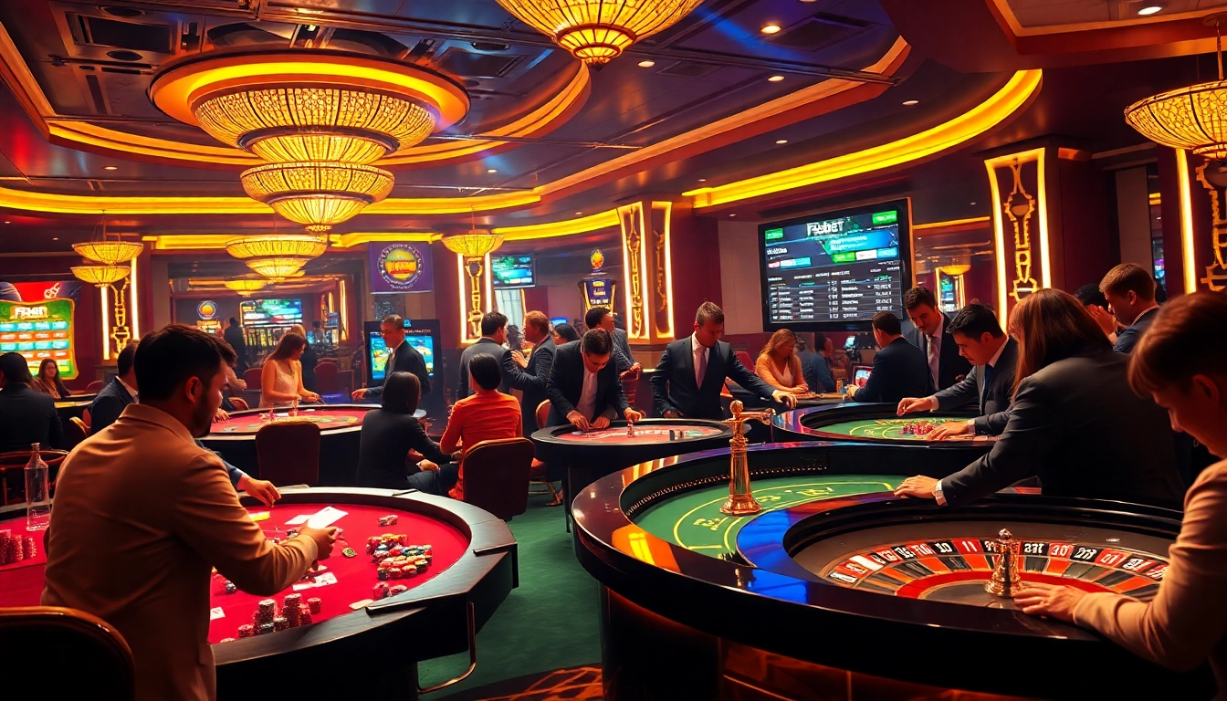 Fsbet offers thrilling casino games with players enjoying poker and roulette at vibrant tables.