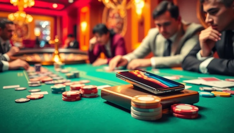 Players enjoying a thrilling poker game with the S8 smartphone at a luxurious casino table.