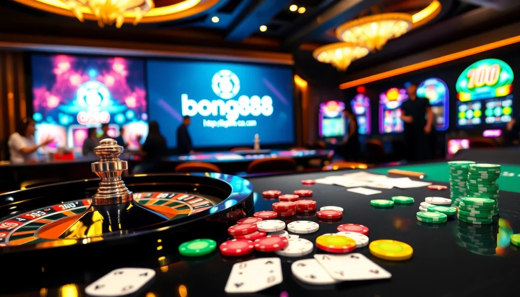Gamble with excitement at https://bong88.casa/ featuring a lively casino scene with roulette and poker games.