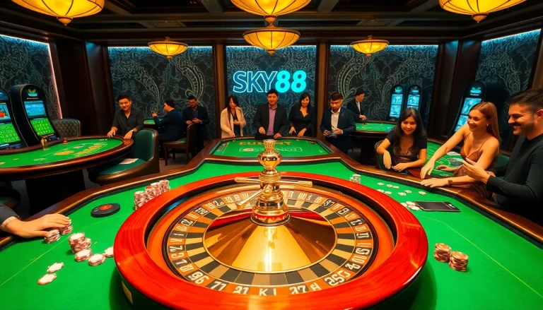 Experience the thrill of SKY88 casino with vibrant tables, chips, and a roulette wheel.