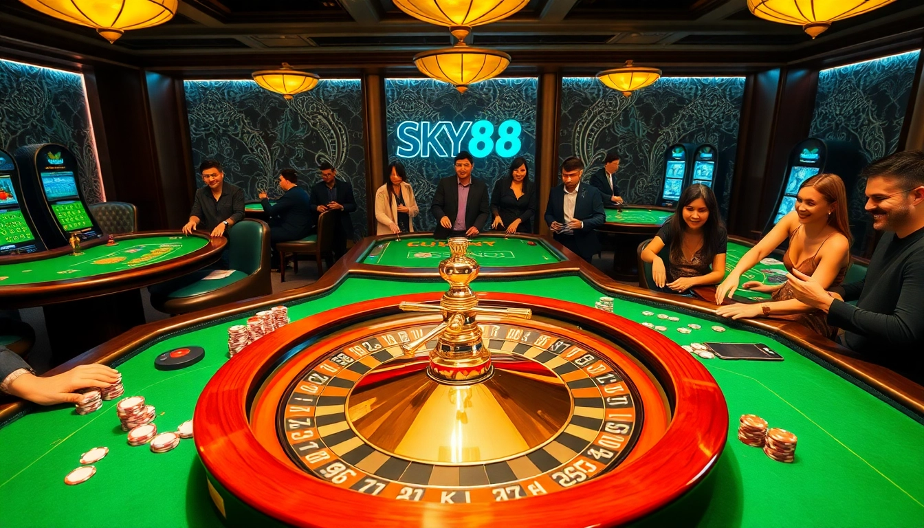 Experience the thrill of SKY88 casino with vibrant tables, chips, and a roulette wheel.