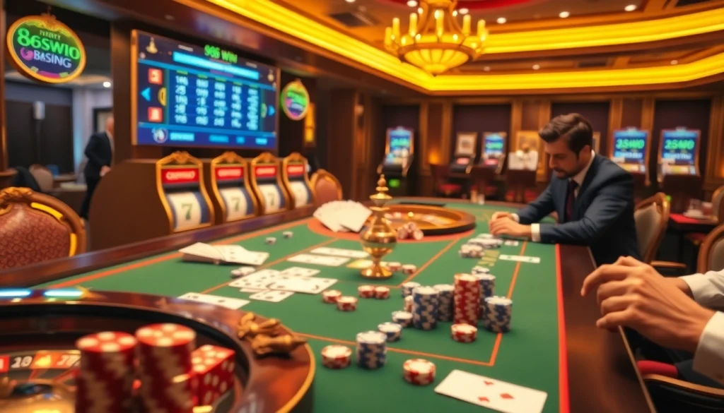 Engaging casino night at 98win com with poker tables, colorful chips, and a vibrant atmosphere.