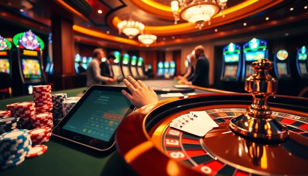 Engaging scene of players at the meilleur casino en ligne français, showcasing online and table gaming excitement.