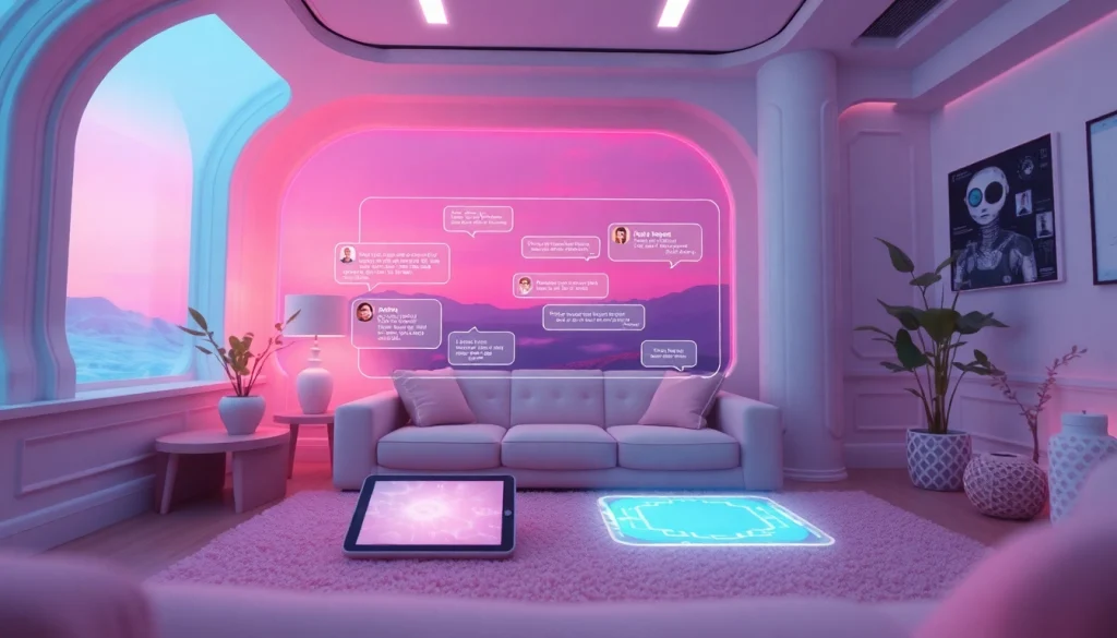 Engaging scene of Crush AI virtual companion showcasing friendly interactions in a futuristic setup