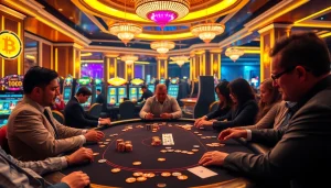 Players enjoying thrilling action at Bitcoin casinos with poker chips and cards.