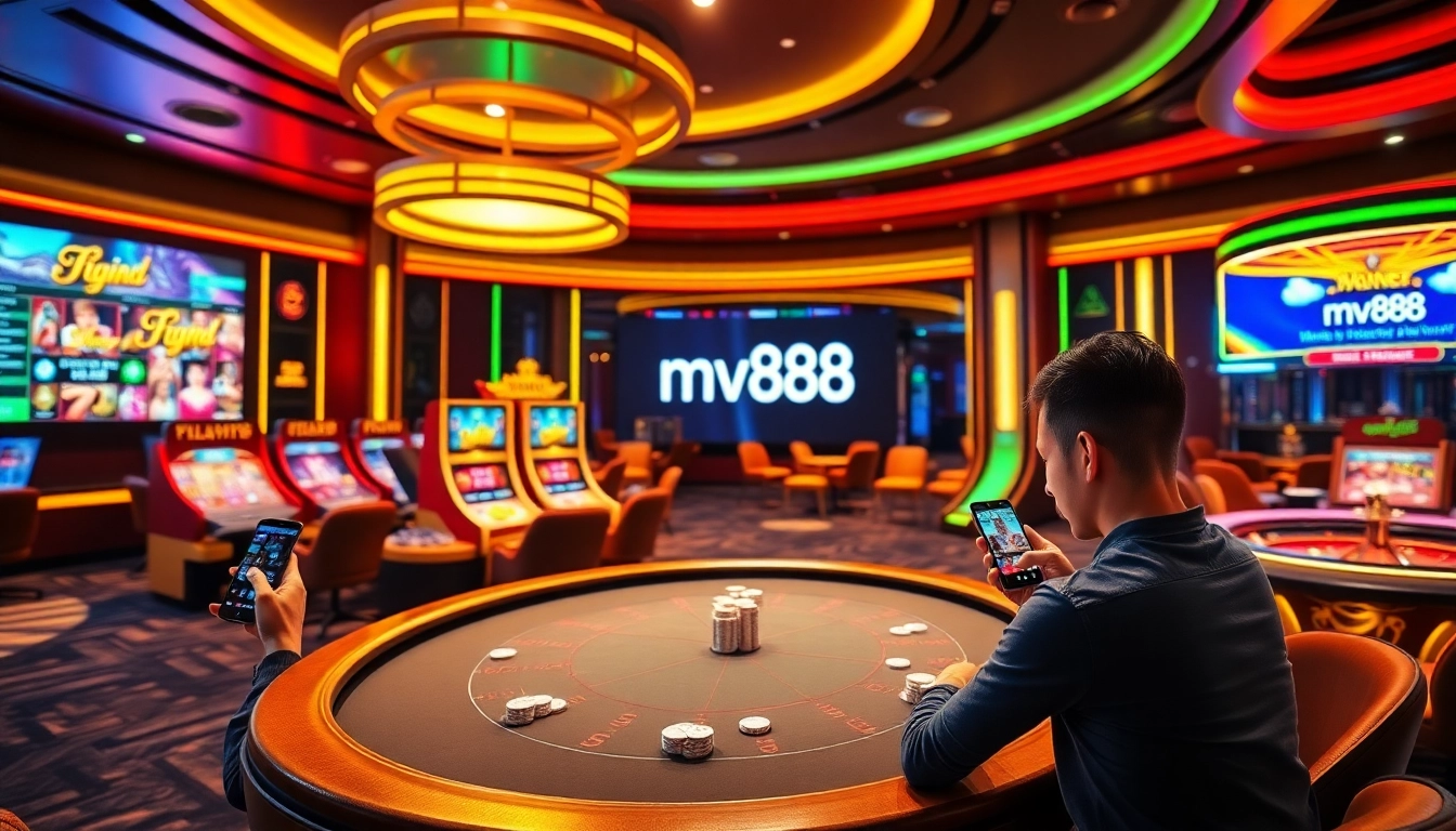 Engaged gamblers enjoying online gaming at MV88 casino with vibrant neon lighting and a modern interface.