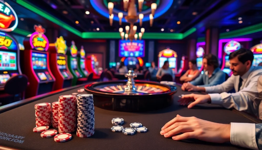 Experience the thrill of gambling at https://uu88pk.com/ with a vibrant poker scene and illuminated slot machines.