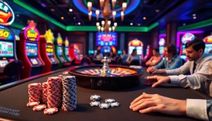 Experience the thrill of gambling at https://uu88pk.com/ with a vibrant poker scene and illuminated slot machines.