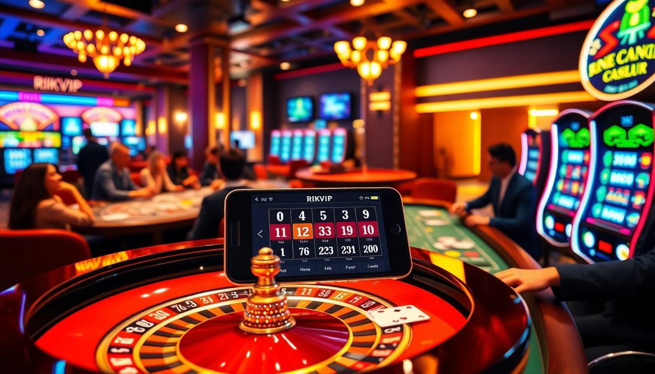 Players engaging with the luxurious rik vip casino experience, featuring roulette and vibrant gaming tables.