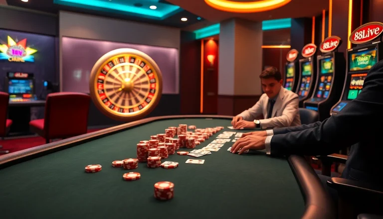 8Live poker table scene with engaged players, colorful chips, and exciting roulette background.