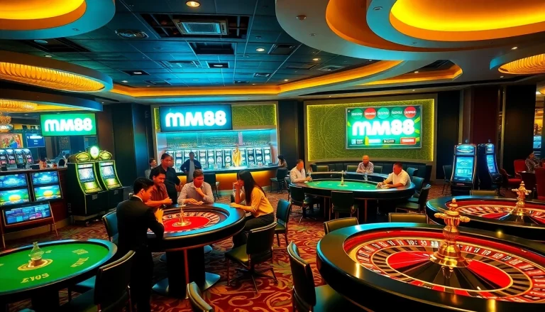 Experience the excitement of casino gaming at Mm88 with vibrant tables and slot machines.