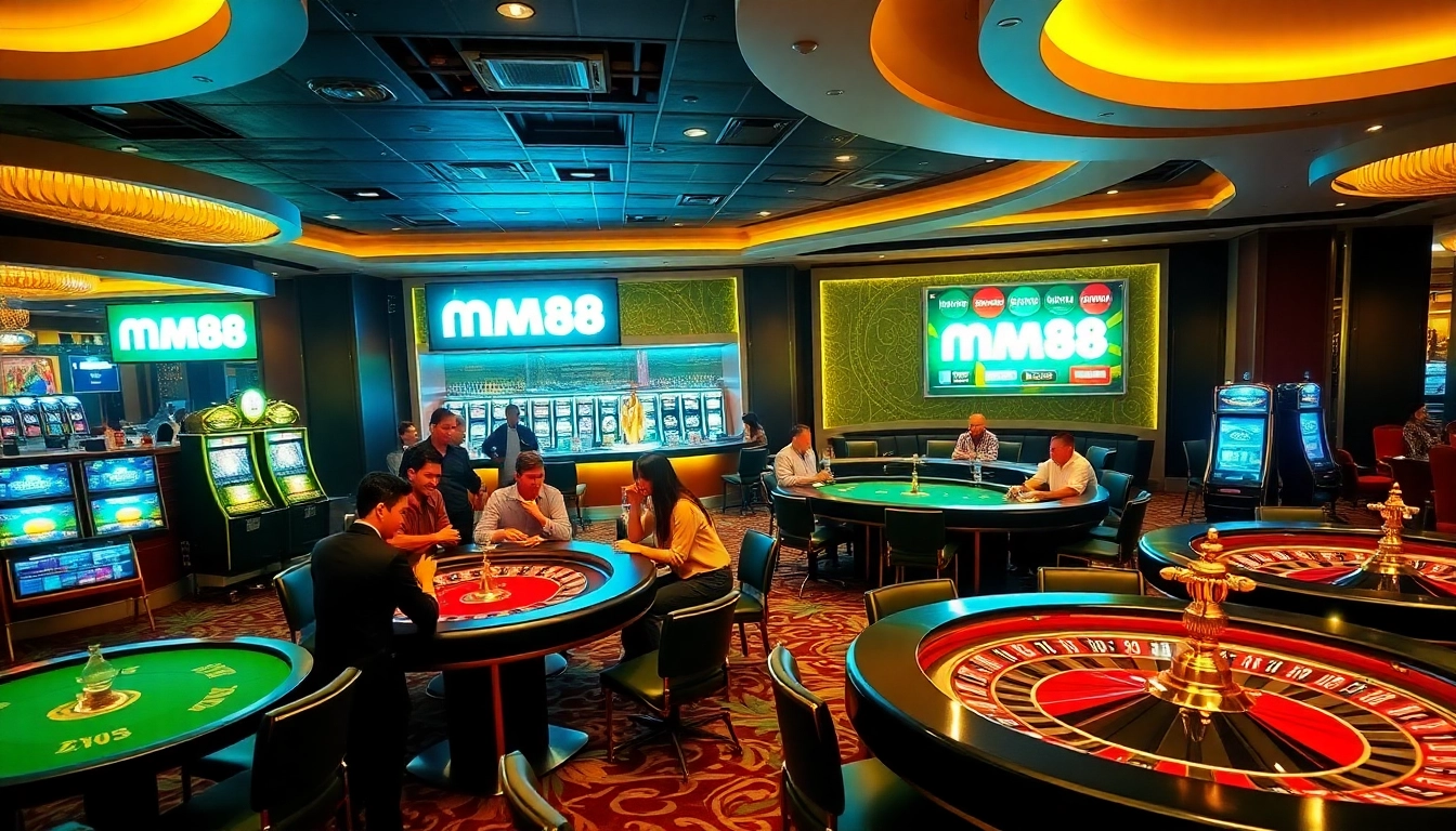 Experience the excitement of casino gaming at Mm88 with vibrant tables and slot machines.
