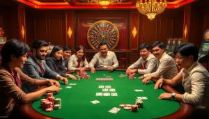 Experience the thrill of FSBET with a vibrant poker scene showcasing high-stakes gameplay and luxurious casino elements.
