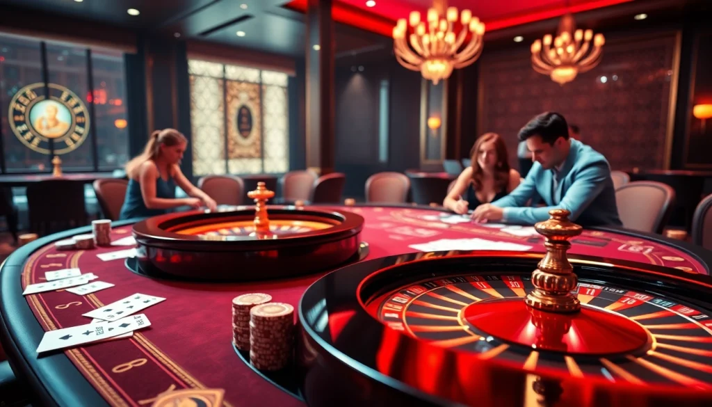 Engaging scene of qh88 online casino with vibrant casino tables and excited players.