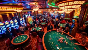 Action-packed scene at Bitcoin casinos with gamblers playing vibrant casino games.