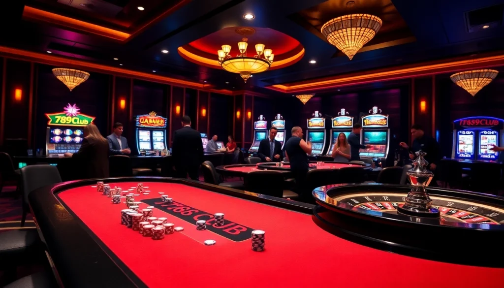 Engaged players at 789CLUB casino table, enjoying vibrant gaming atmosphere.