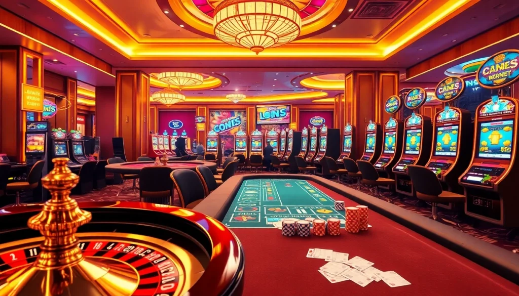 A thrilling gambling scene at Trang chủ Luck8, featuring a roulette wheel and poker table in a luxurious casino.