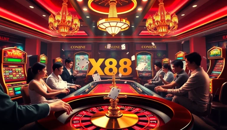 Engage in the thrilling casino action at Link vào X88 with vibrant gaming elements and players.