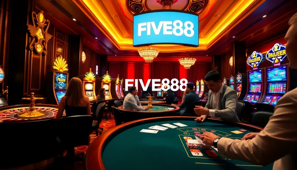 Players engaging in exciting casino games at FIVE88 vin, showcasing luxury and thrilling gambling action.