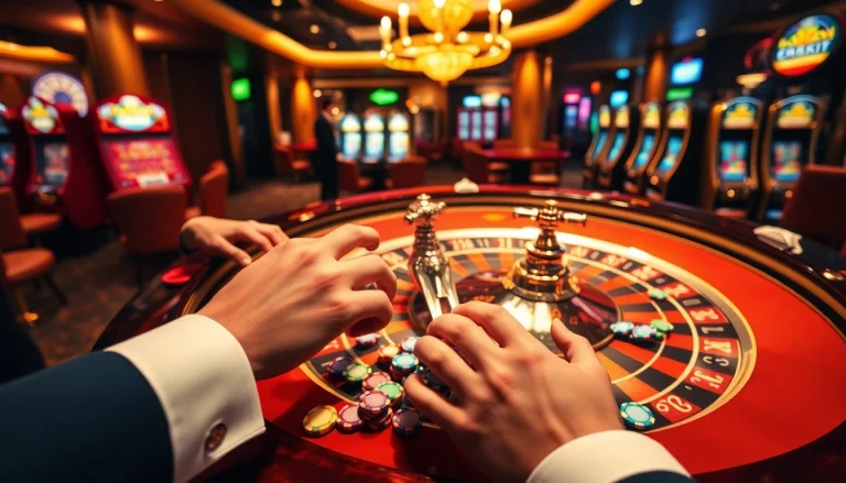 Dabet casino enthusiasts placing bets at an exciting roulette table filled with colorful chips.