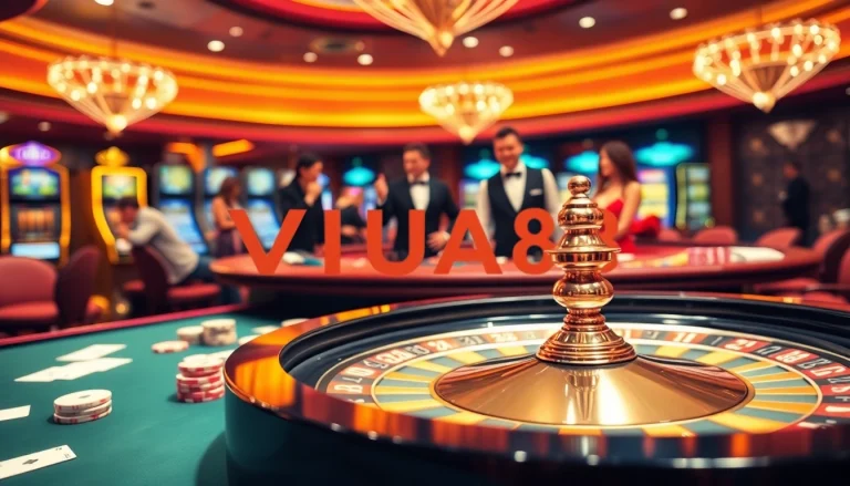 Players enjoying a high-stakes game at VUA88 casino, with intense focus on cards and chips.
