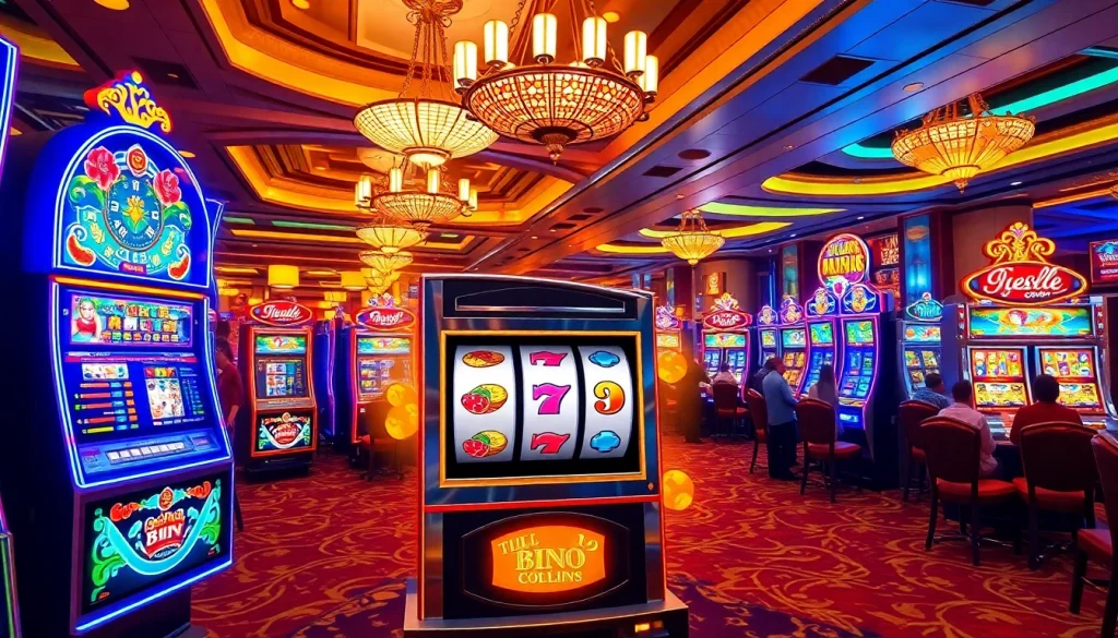 Players celebrating a big win on a slot machine in a luxurious casino environment.