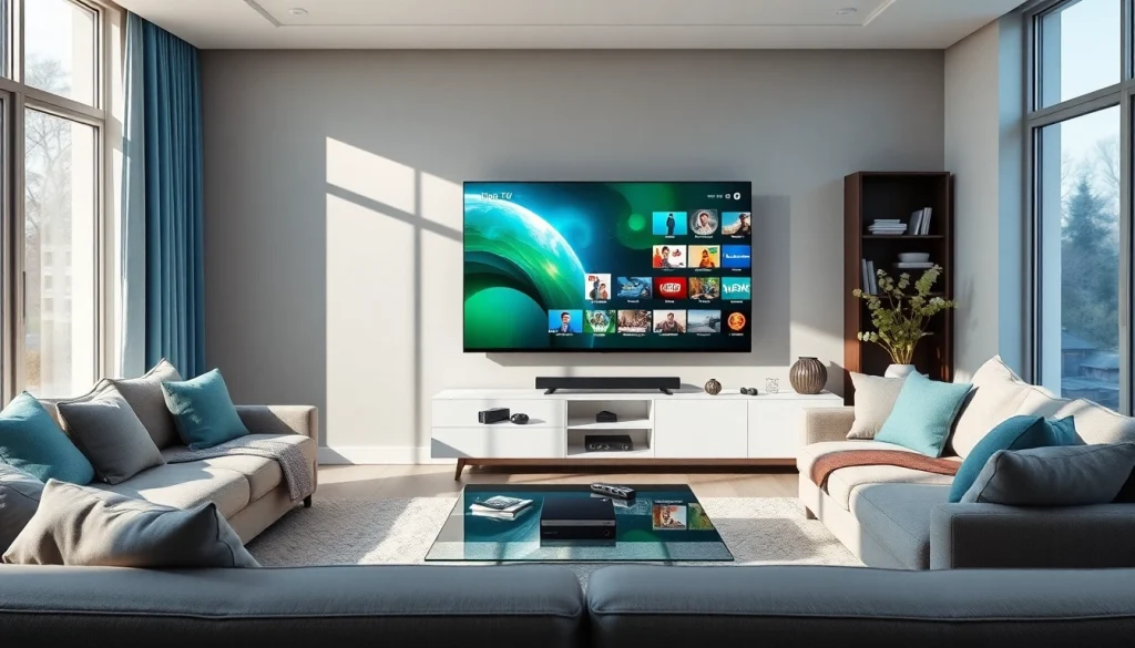 Iron TV Pro showcased on a sleek flat-screen TV in a modern living room, highlighting premium IPTV viewing experience.