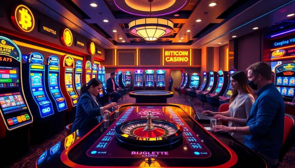 Engaged players enjoying games at Bitcoin casinos in a luxurious gambling environment.