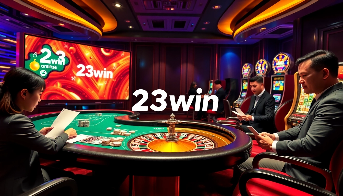 Gamblers enjoying an exciting game at 23win casino with vibrant tables and slot machines.