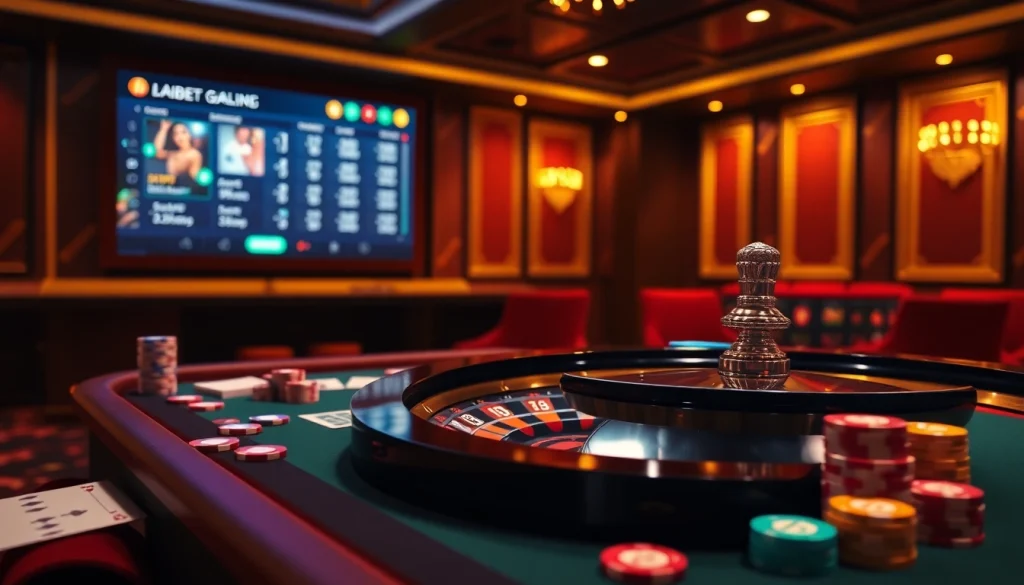 Engaging gambling scene featuring https://lode88.network/ casino interface with chips, cards, and roulette wheel.