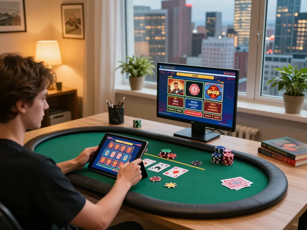 Player enjoying f168's online casino games on a tablet, showcasing a cozy gaming experience with vibrant city view