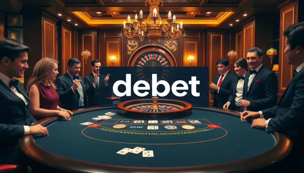 Excited players engage at a blackjack table in a luxe casino scene featuring digital betting interface with debet.