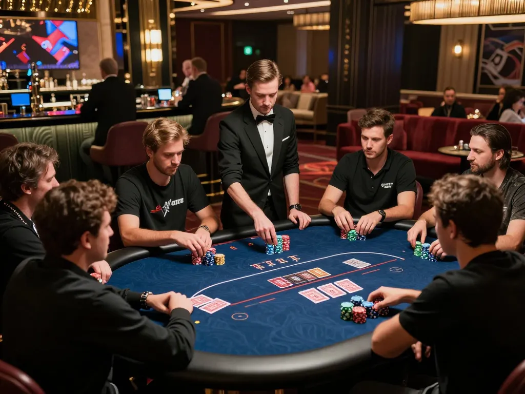 FABET players engaging in strategic poker gameplay in an upscale casino VIP area with elegant decor.